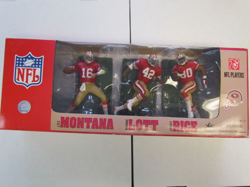 JOE MONTANA, RONNIE LOTT, and JERRY RICE 2007 McFarlane 3 Pack Figures (Unopened packaging not mint)